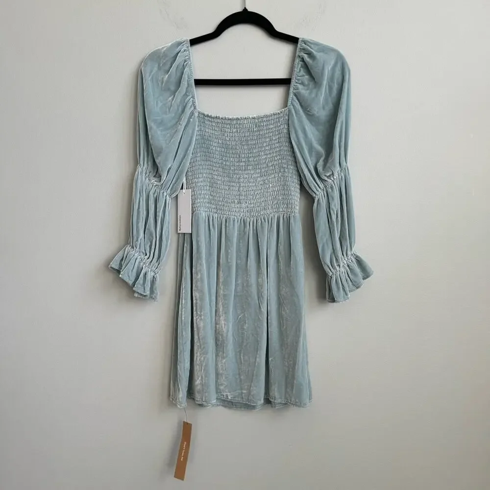 NEW Reformation Albi Long Sleeve Velvet Mini Dress in Turquoise Size XS - Picture 3 of 11